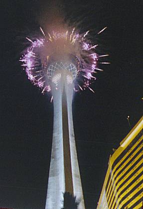 The Stratosphere Hotel and Casino Tower is illuminated